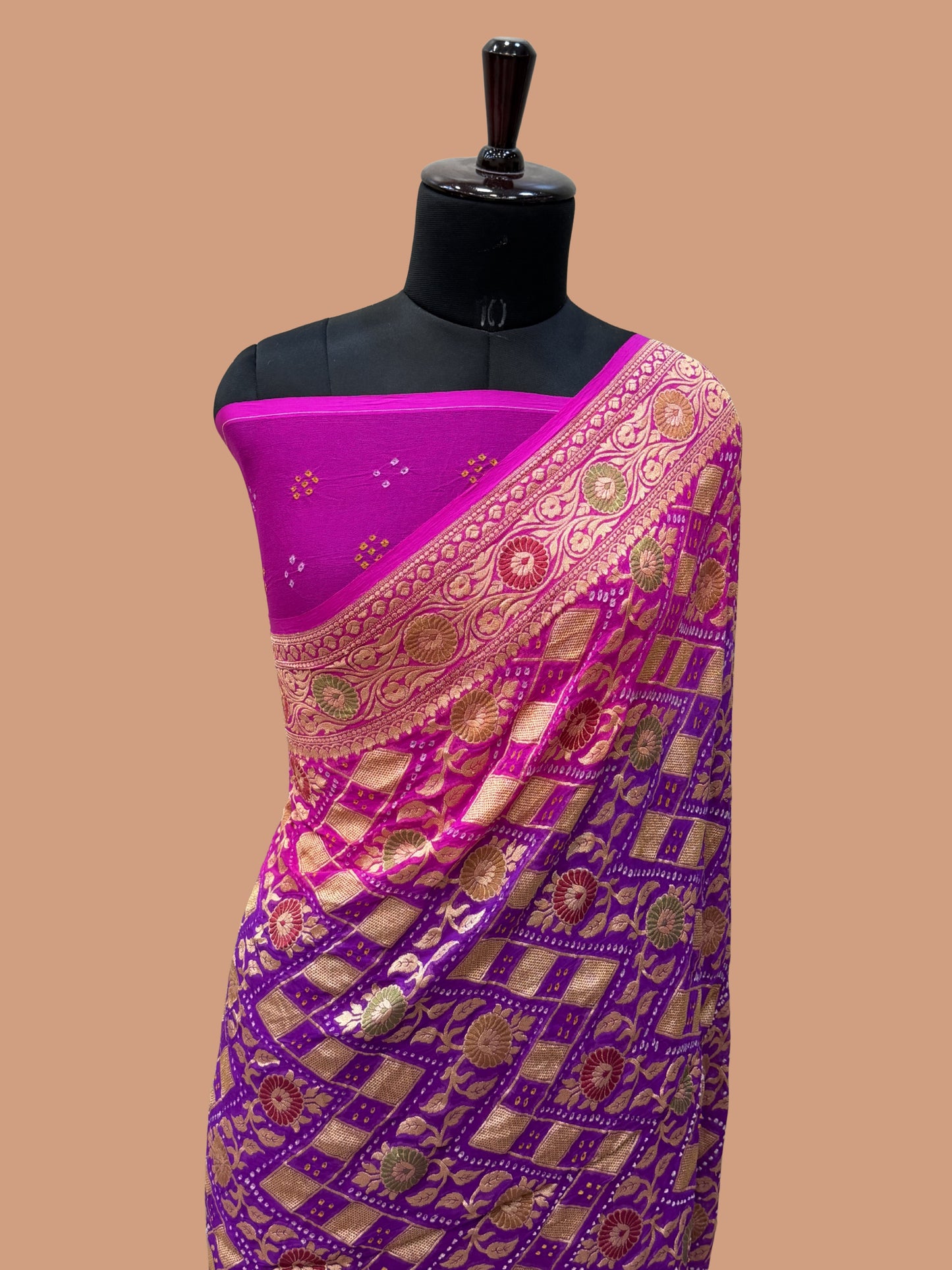 Pure Georgette Banarasi Bandhej Handloom Saree - Meenakari