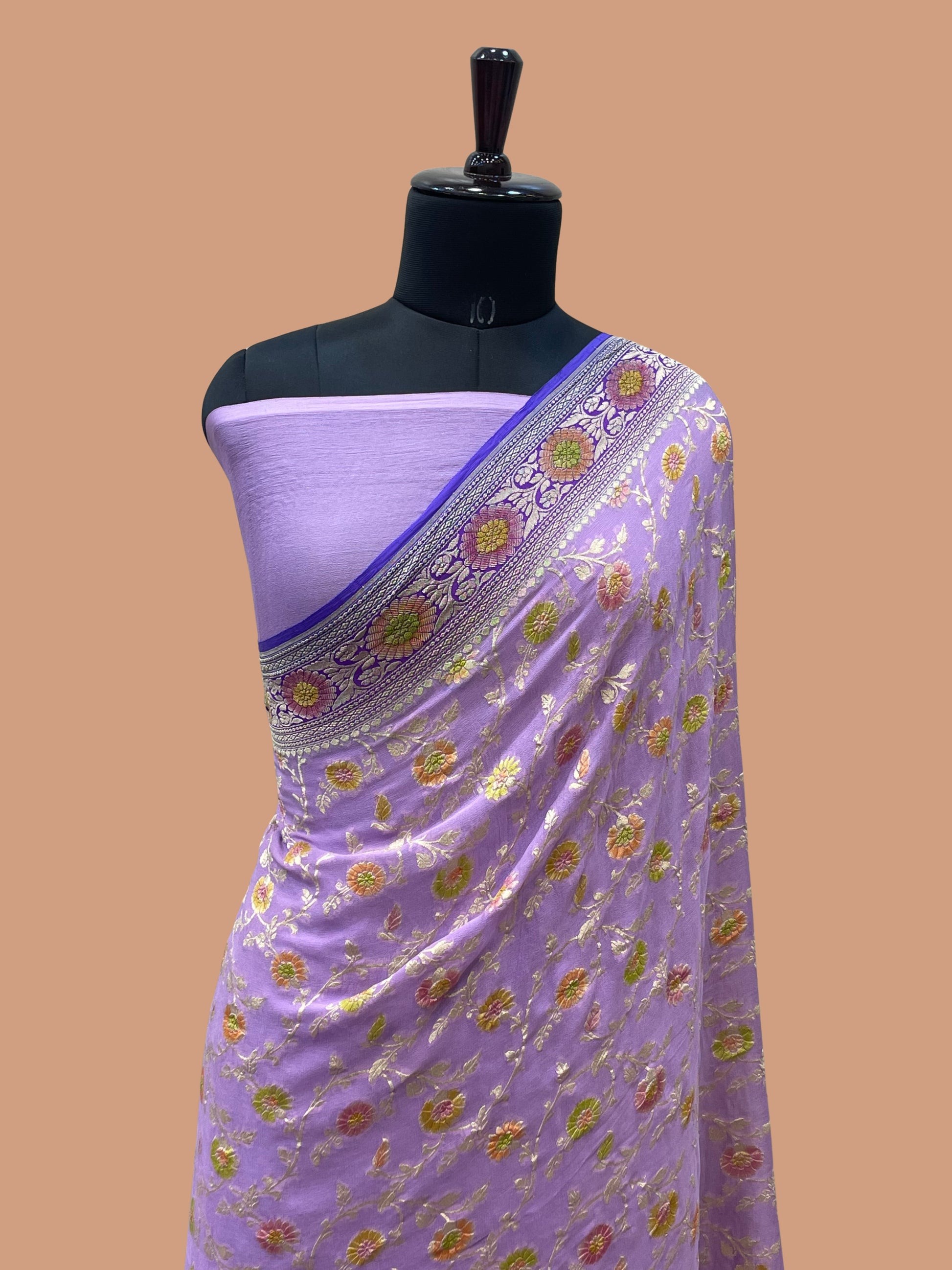 Lovendor Color Khaddi Georgette Banarasi Saree - All over Jaal Work with Meenakari