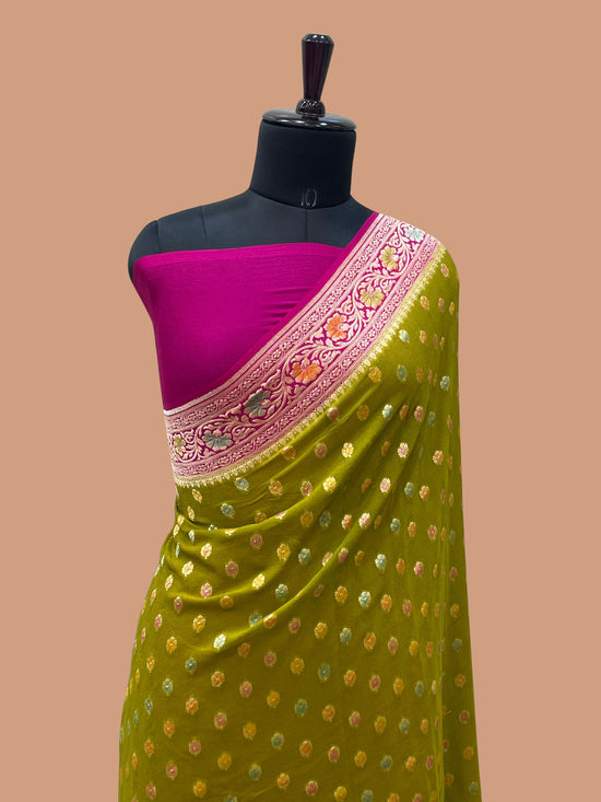 Mehandi Color Khaddi Georgette Banarasi Saree - All Over Jaal Work with Meenakari