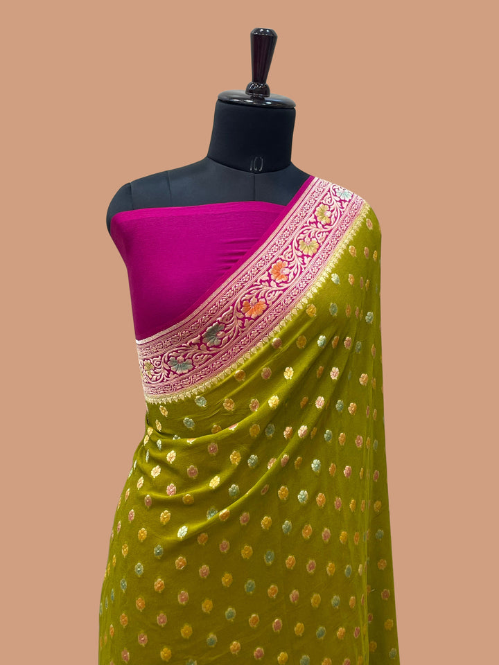 Mehandi Color Khaddi Georgette Banarasi Saree - All Over Jaal Work with Meenakari
