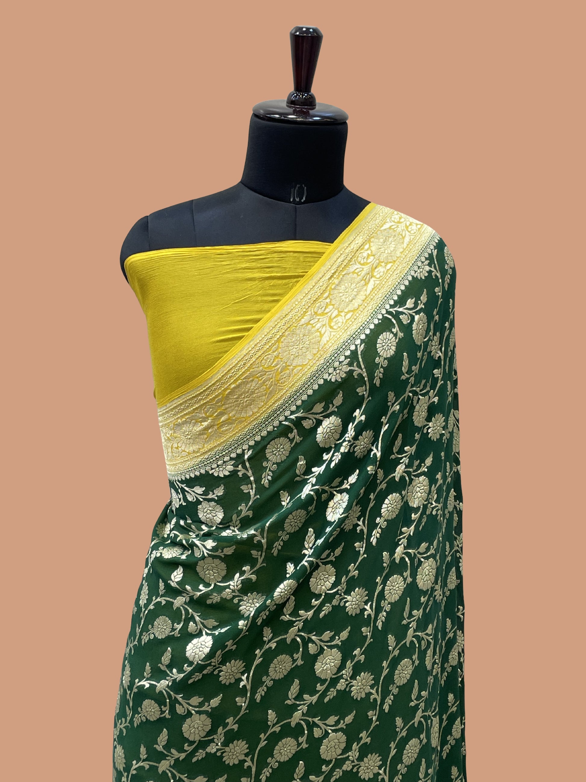 Green Color Khaddi georgete Banarasi Saree - All over Jaal work with Contrast Pallu & Blouse