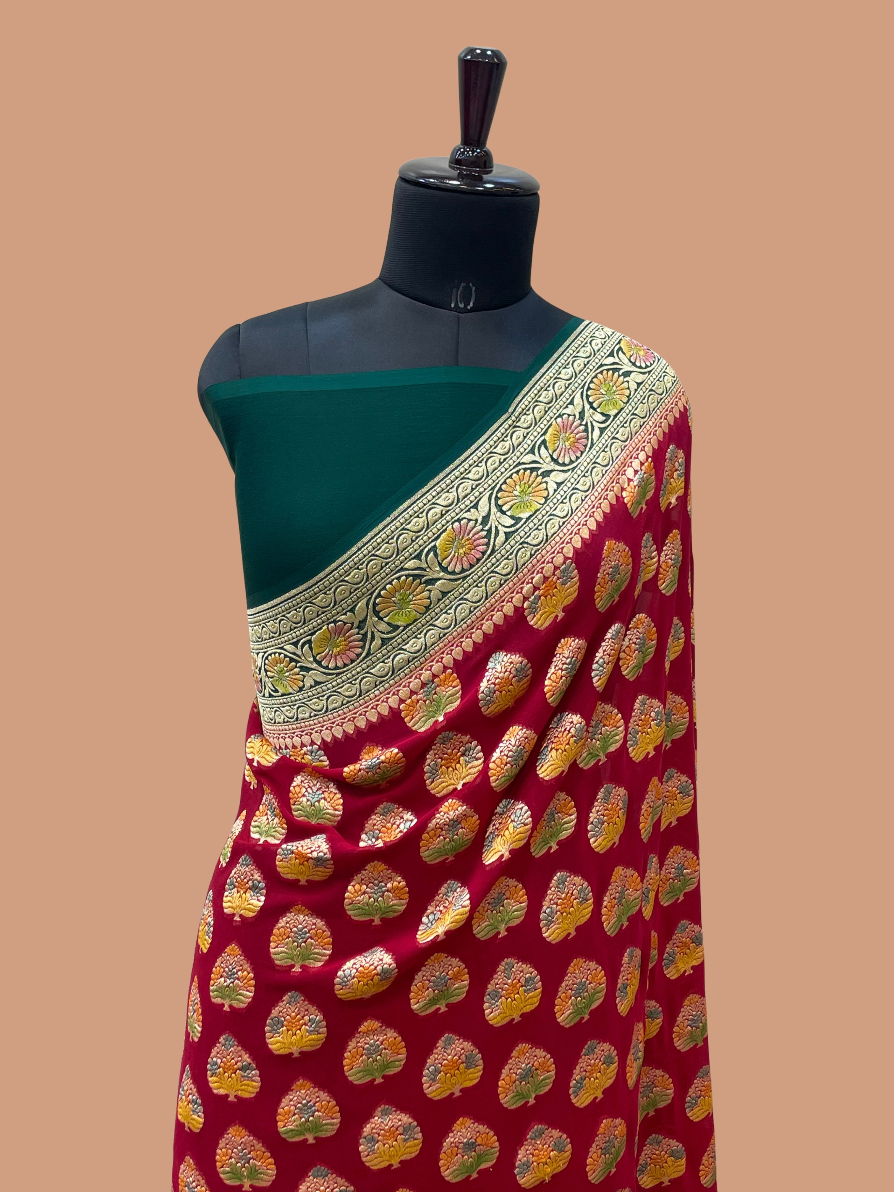 Maroon color Khaddi Georgette Banarasi saree - All Over Buta work  with Meenakari