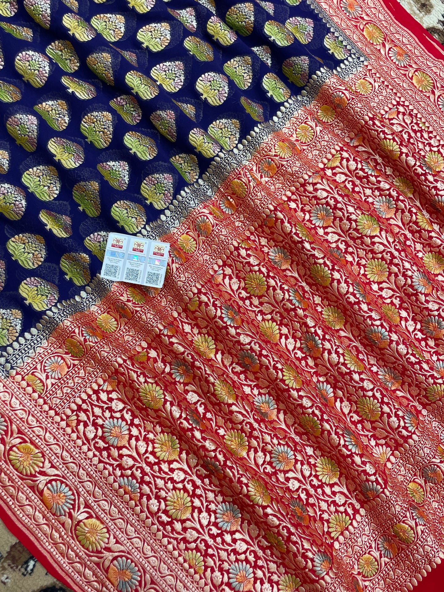 Navy Blue Khaddi Georgette Banarasi Saree - All Over Jaal Work with Meenakari