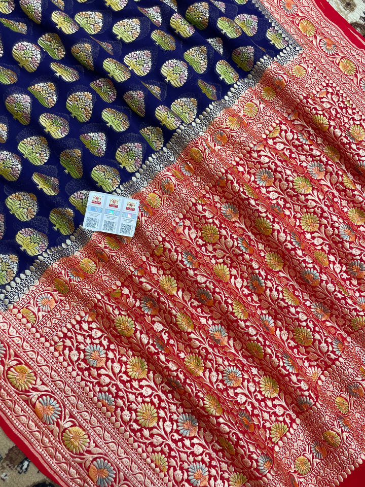 Navy Blue Khaddi Georgette Banarasi Saree - All Over Jaal Work with Meenakari