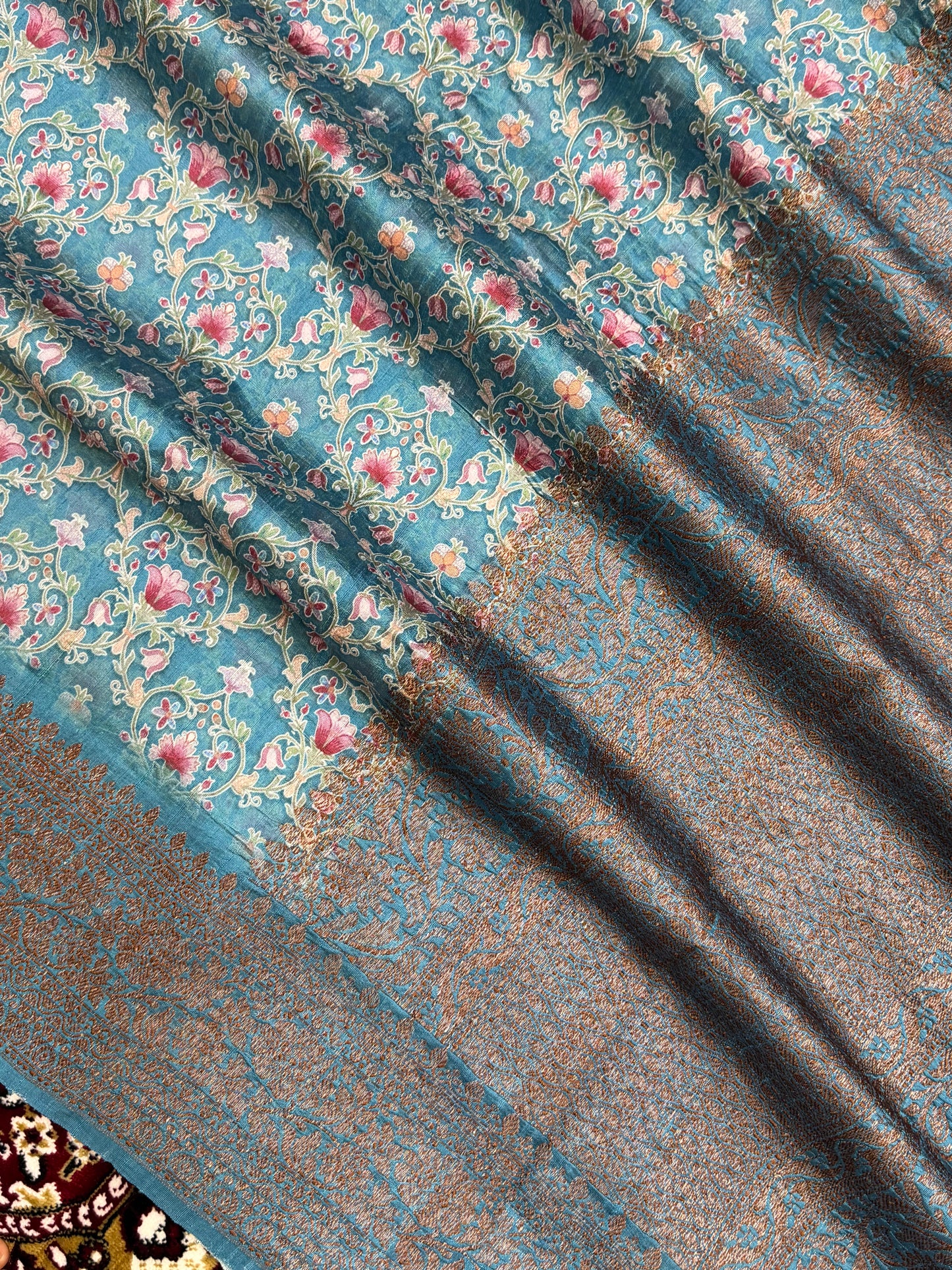 Aqua Blue Color Pure Raw Silk Handloom Banarasi Saree with Digital Print