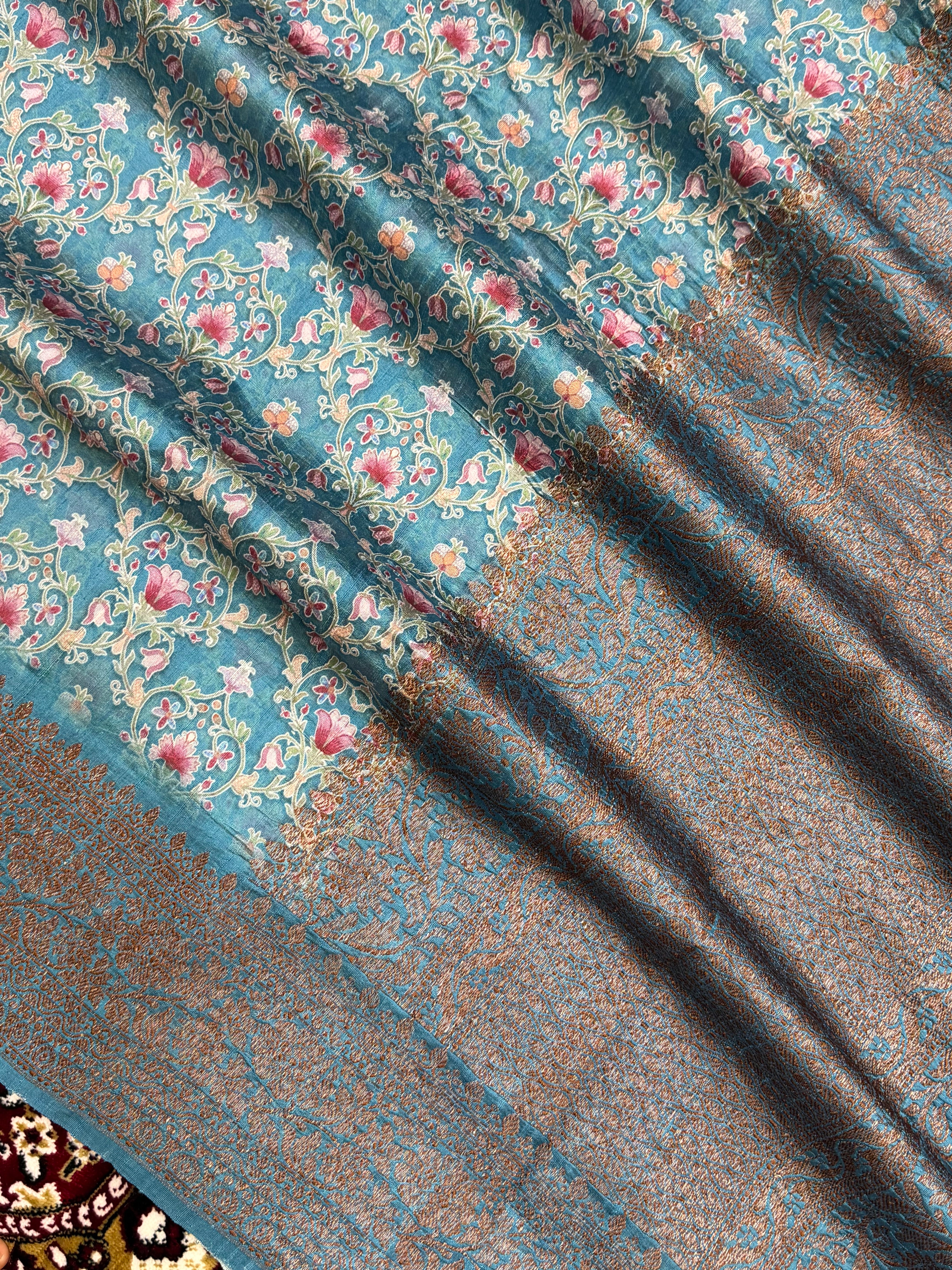 Aqua Blue Color Pure Raw Silk Handloom Banarasi Saree with Digital Print