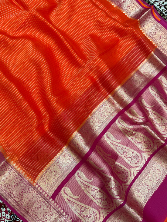 Fanta Color Pure Organza Handloom Banarasi Saree - All Over Stripe Design