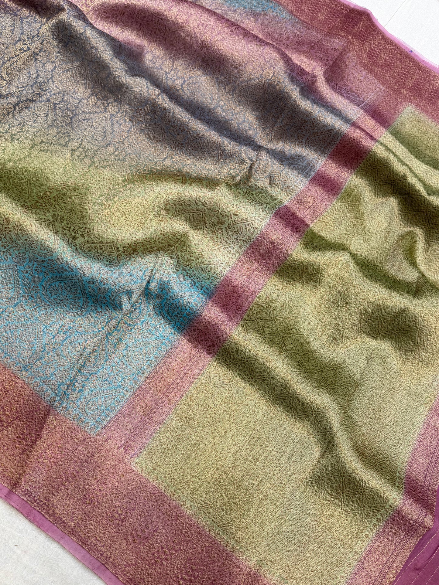 Multi Color Pure Kora Silk Handloom Banarasi Saree - All Over Brocade Jaal Work