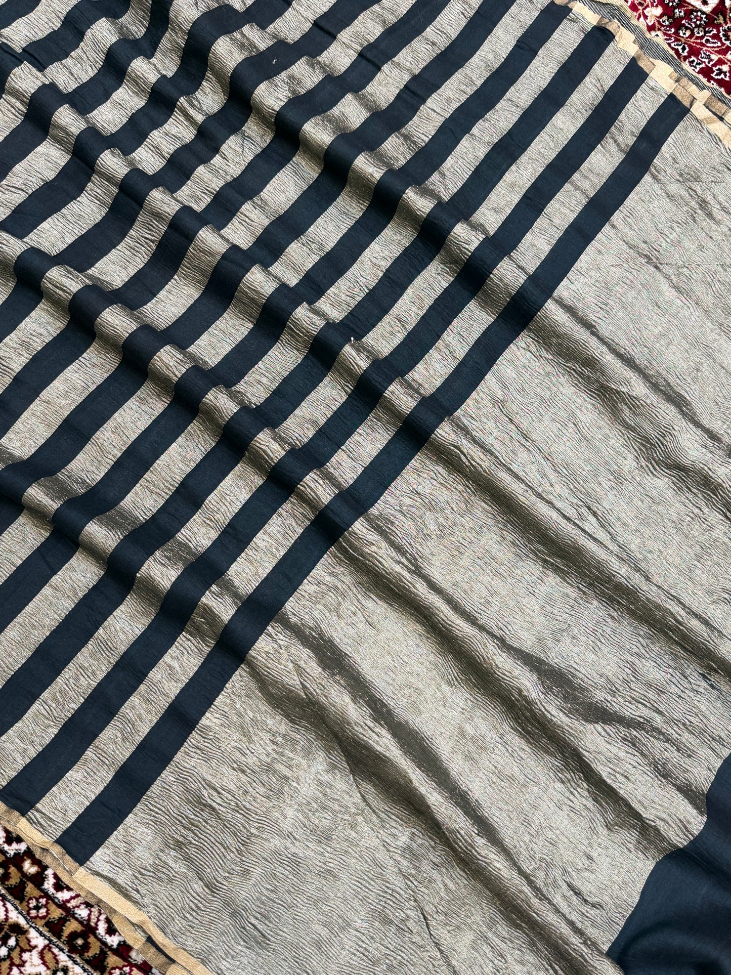 Black Color Chiniya Tissue  Silk Banarasi Saree with Stripe Design