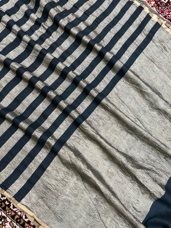 Black Color Chiniya Tissue  Silk Banarasi Saree with Stripe Design