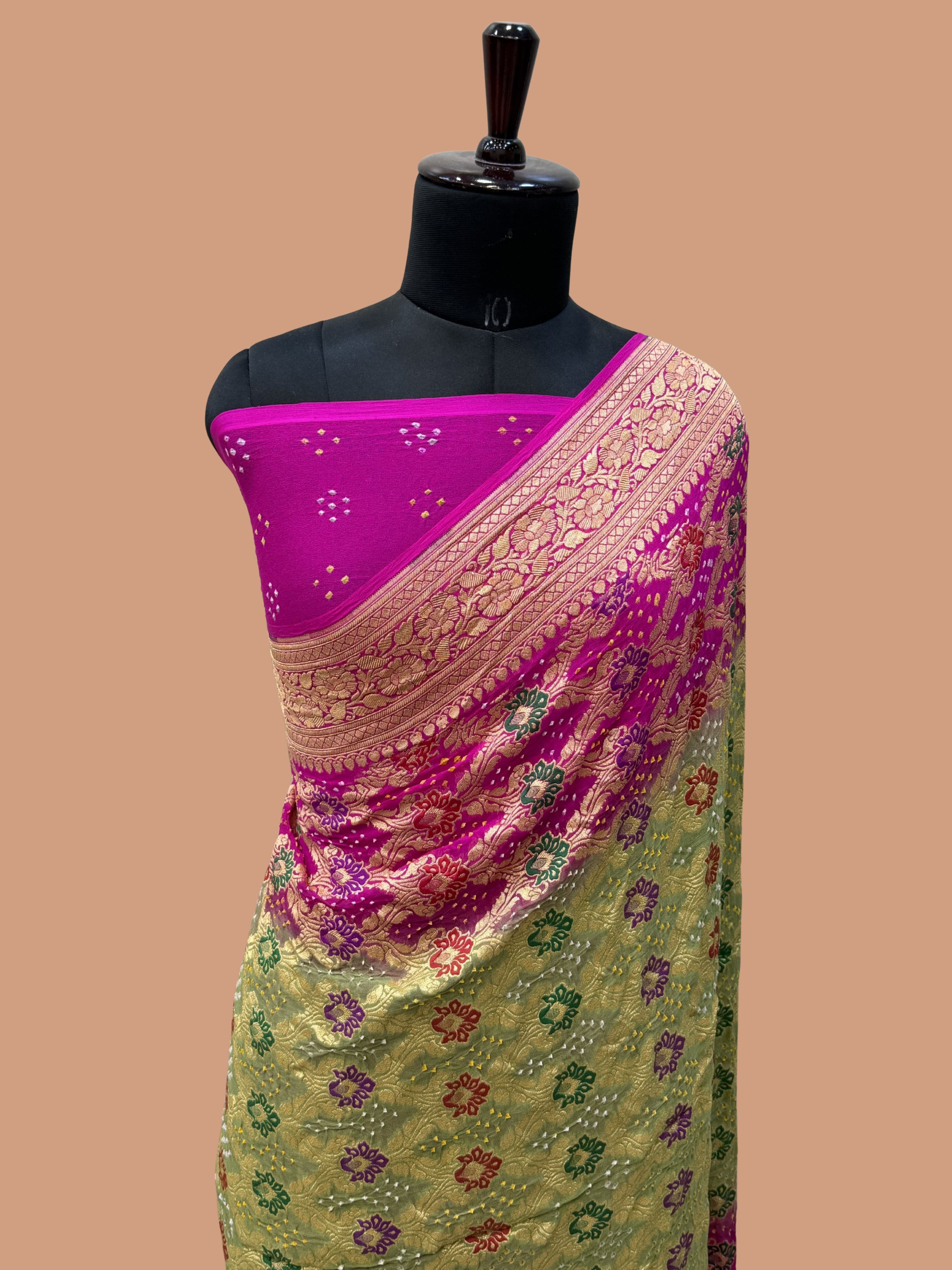Pure Georgette Banarasi Bandhej Handloom Saree - Meenakari