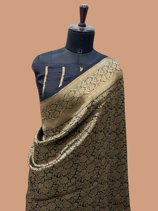 Black Color Pure Kora Silk Handloom Banarasi Saree - All Over Brocade Jaal Work