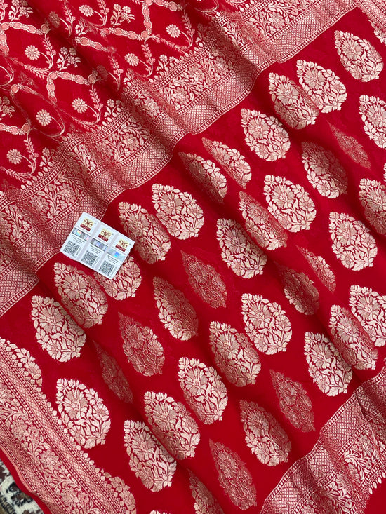 Red Color Khaddi Georgette Banarasi Saree - All Over Jaal Work with Water zari