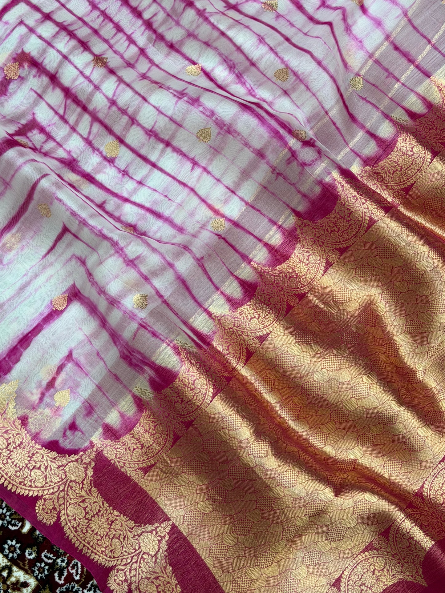 Rani Pink Color Pure Organza Handloom Banarasi Saree with Japanese Shibori Dye