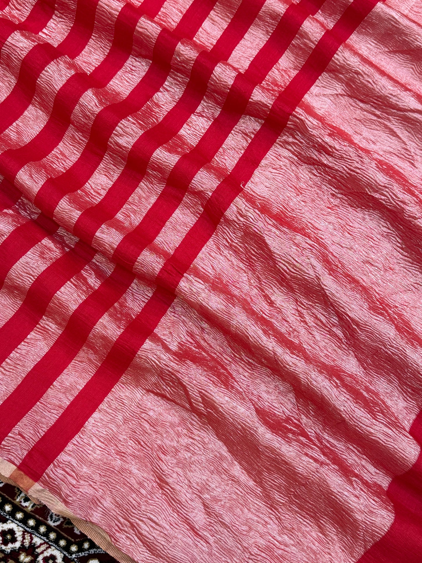 Chery Color Chiniya Tissue  Silk Banarasi Saree with Stripe Design
