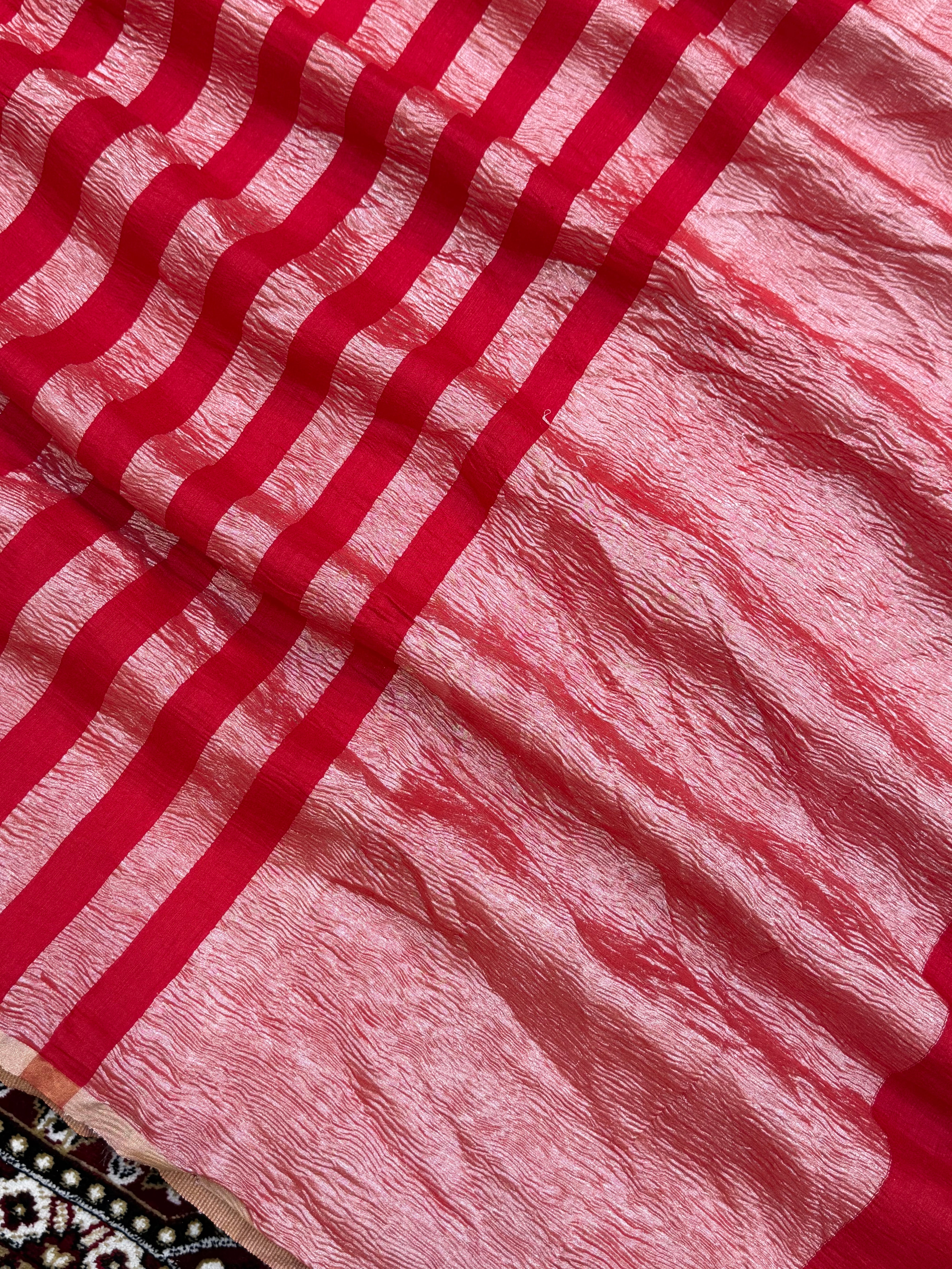 Chery Color Chiniya Tissue  Silk Banarasi Saree with Stripe Design