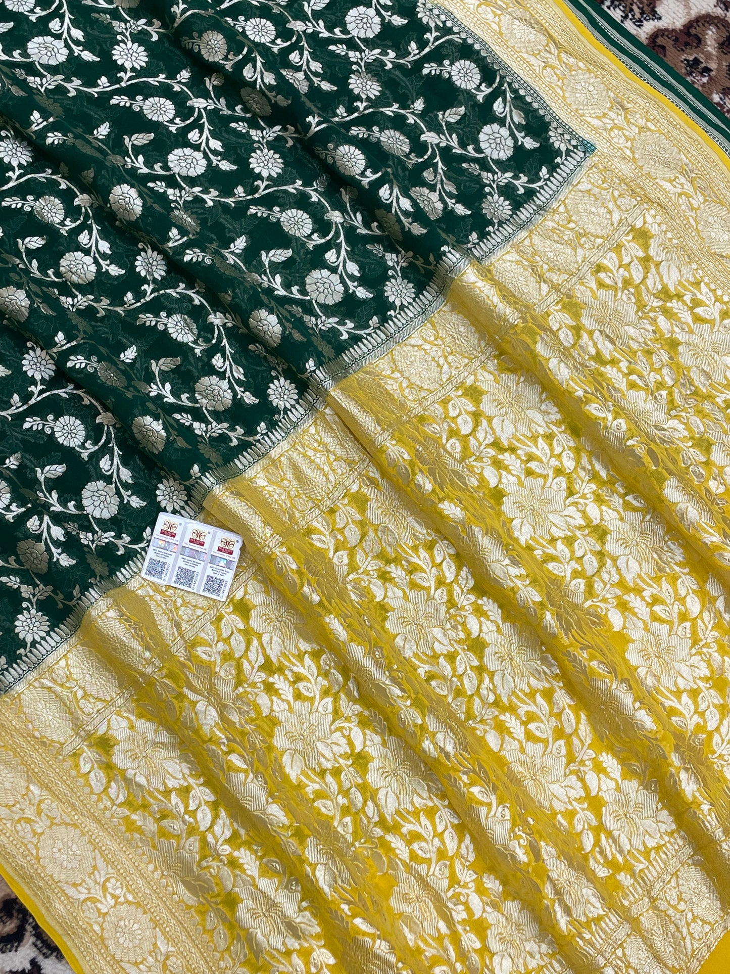 Green Color Khaddi georgete Banarasi Saree - All over Jaal work with Contrast Pallu & Blouse