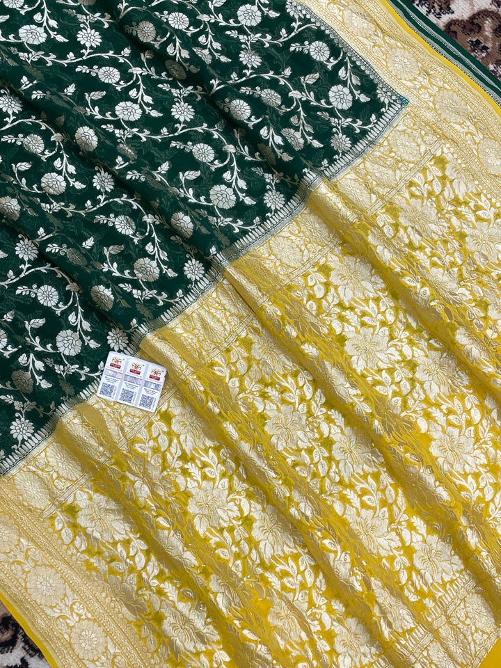Green Color Khaddi georgete Banarasi Saree - All over Jaal work with Contrast Pallu & Blouse