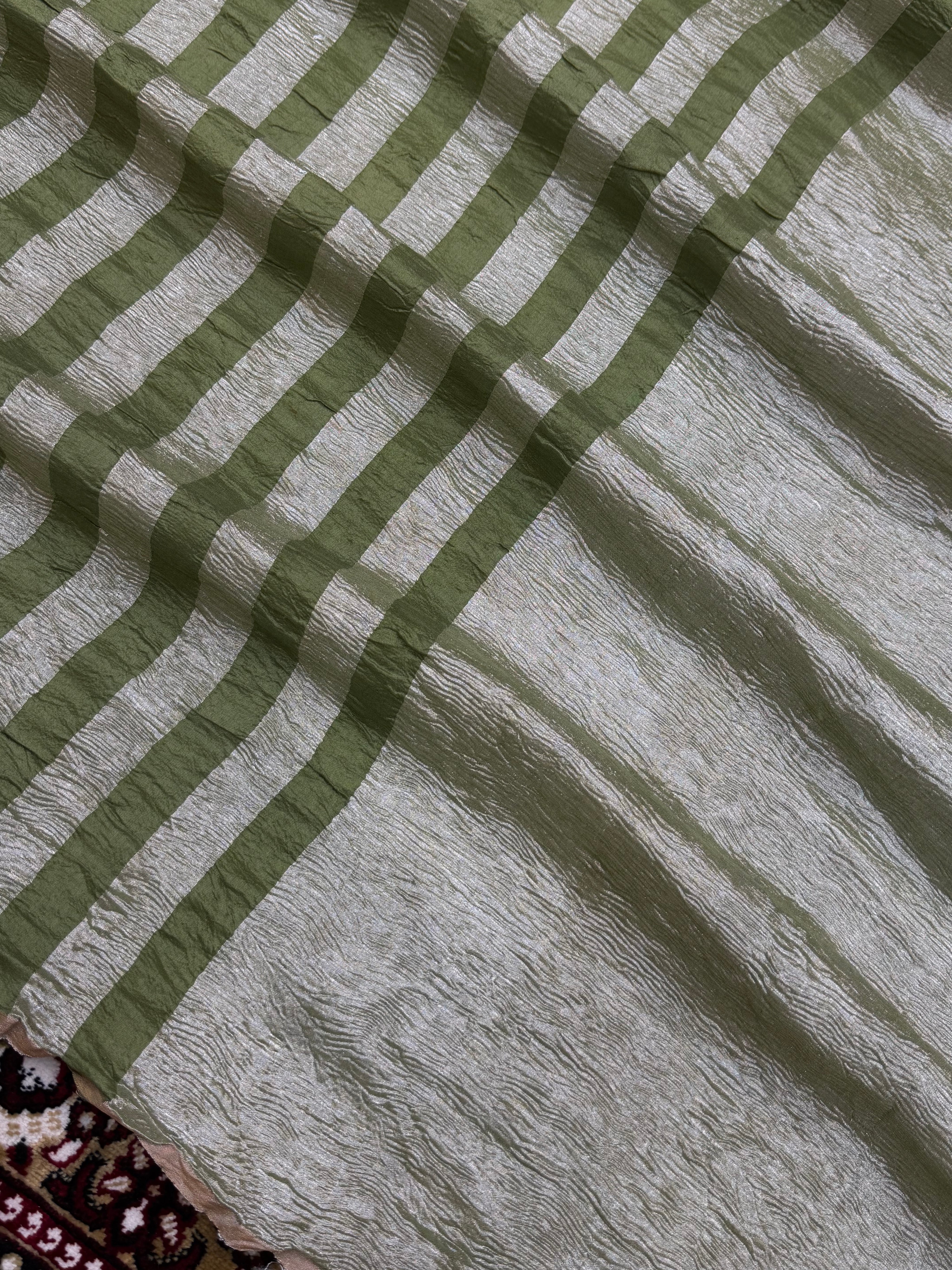 Pista Color Chiniya Tissue  Silk Banarasi Saree with Stripe Design