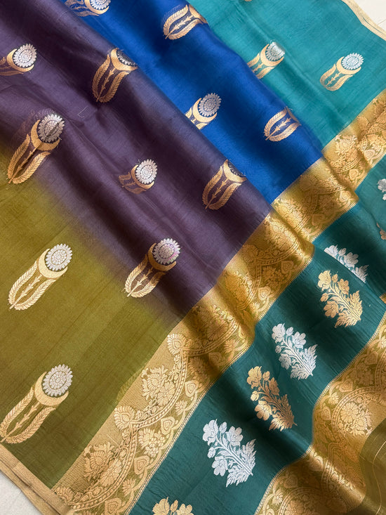 Multi Color Pure Kora Silk Handloom Banarasi Saree - All Over Buta Jaal Work