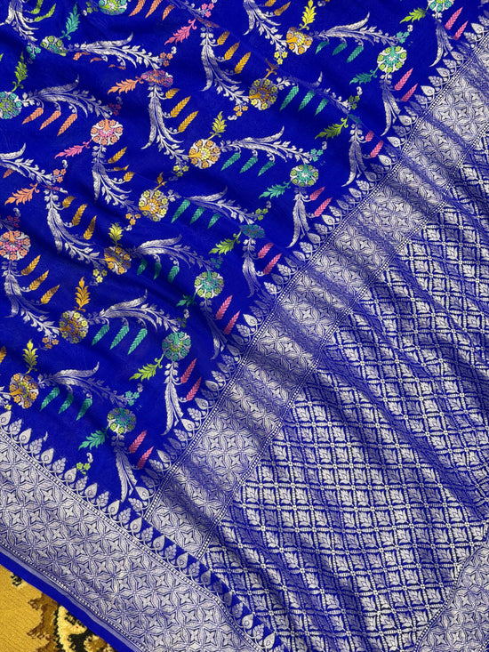 Royal Blue Color Khaddi Georgette Banarasi Saree All Jaal Work with Tilfi Meenakari