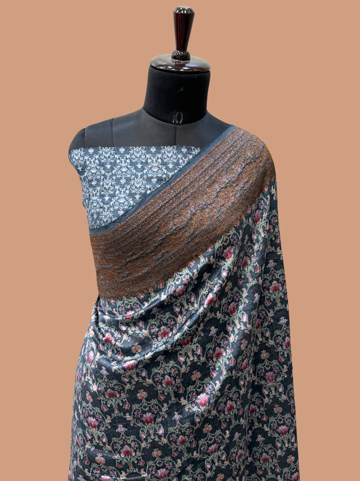 Grey Color Pure Raw Silk Handloom Banarasi Saree with Digital Print