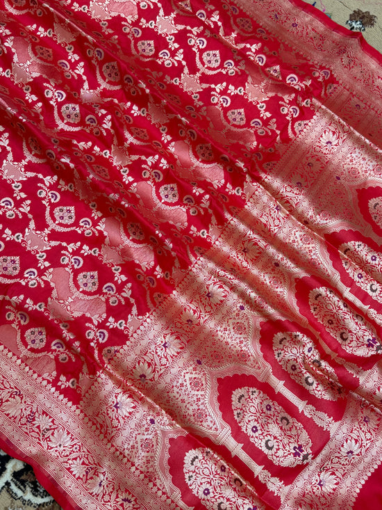 Red Color Pure Silk Handloom Banarasi Saree - All Over Jaal Work with Meenakri