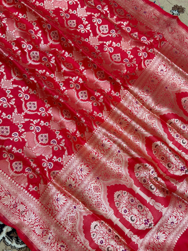 Red Color Pure Silk Handloom Banarasi Saree - All Over Jaal Work with Meenakri