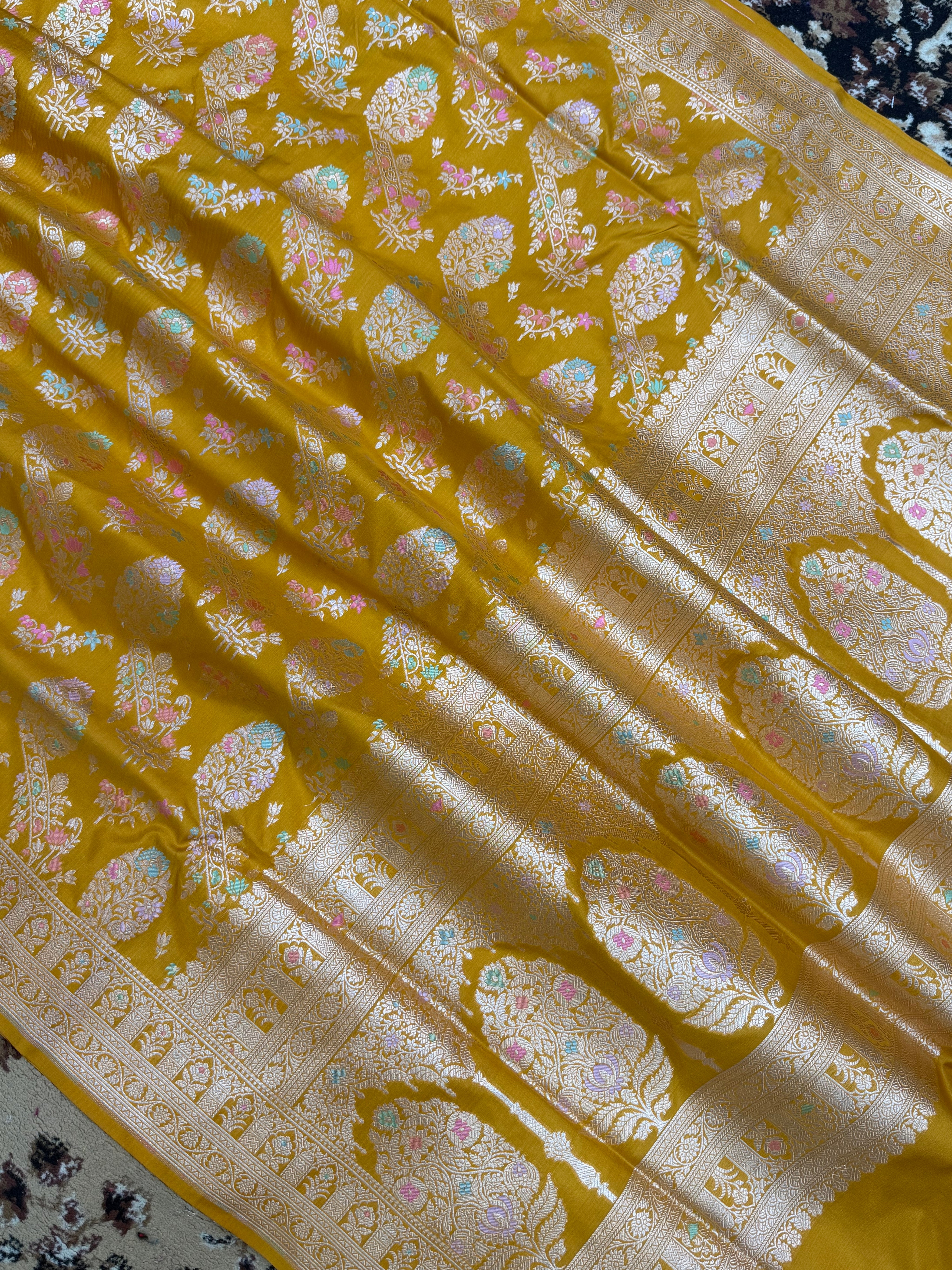 Musterd Color Pure Silk Handloom Banarasi Saree - All Over Jaal Work with Meenakari