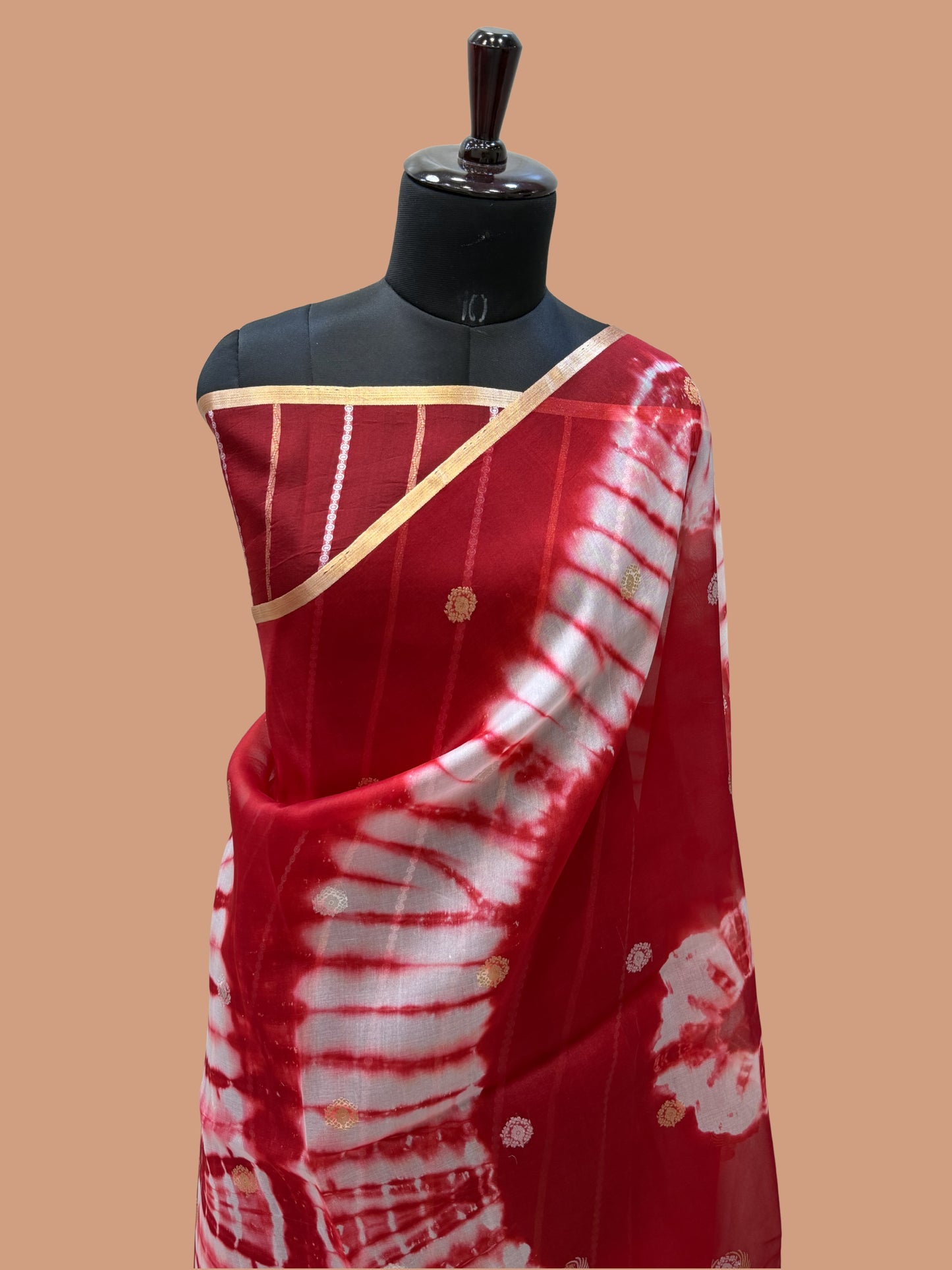 Red Color Pure Organza Handloom Banarasi Saree with Japanese Shibori Dye