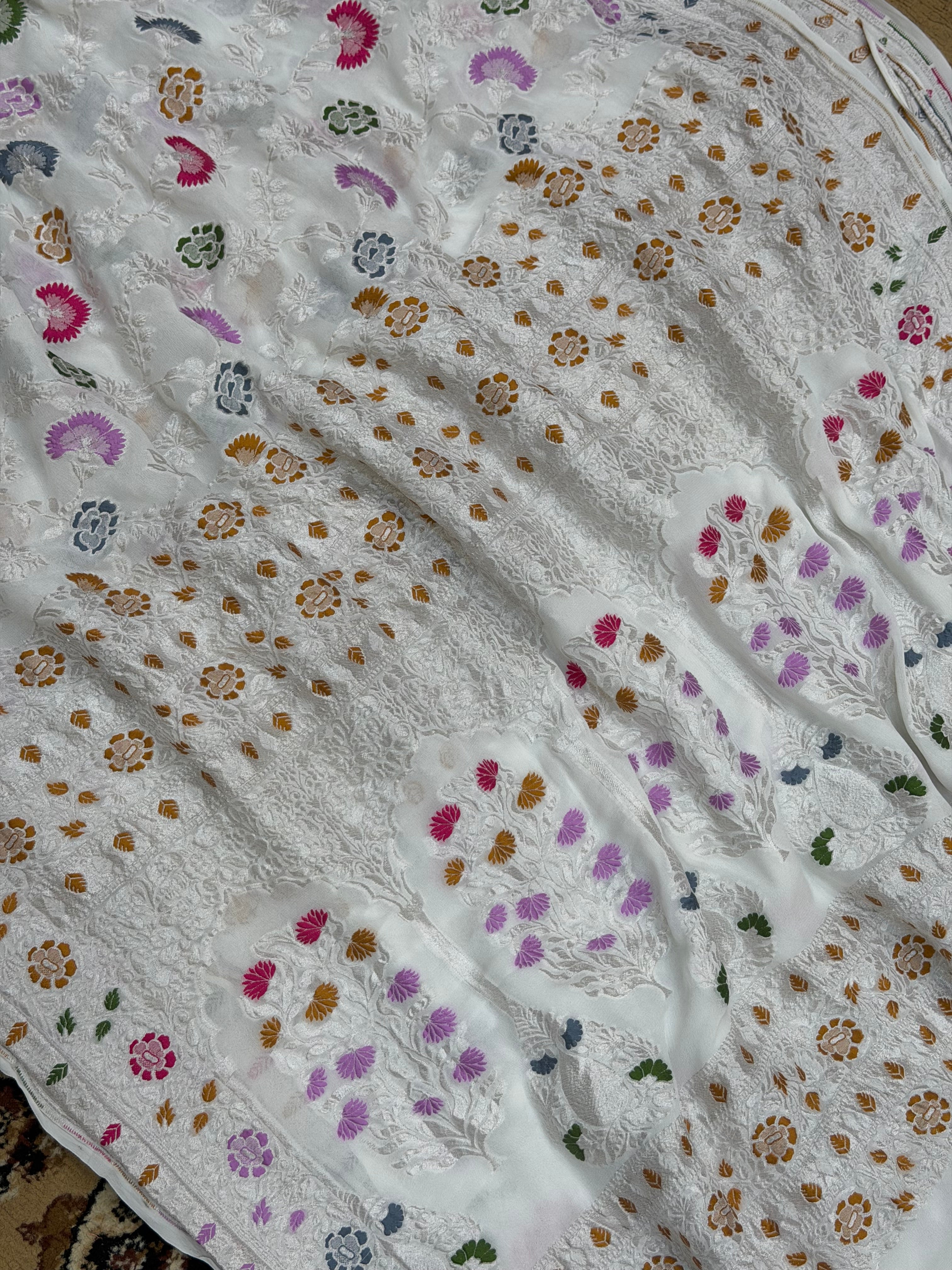 White Color Khaddi Georgette Banarasi Saree - All Over Jaal Work with Tilfi Meenakari