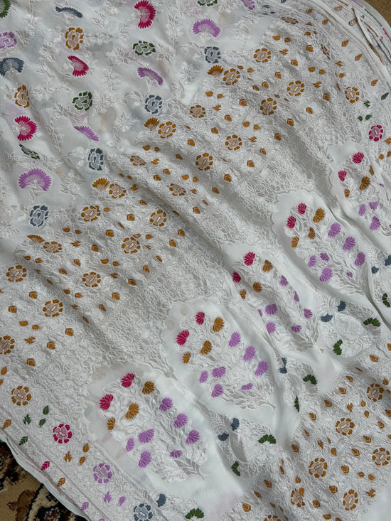 White Color Khaddi Georgette Banarasi Saree - All Over Jaal Work with Tilfi Meenakari