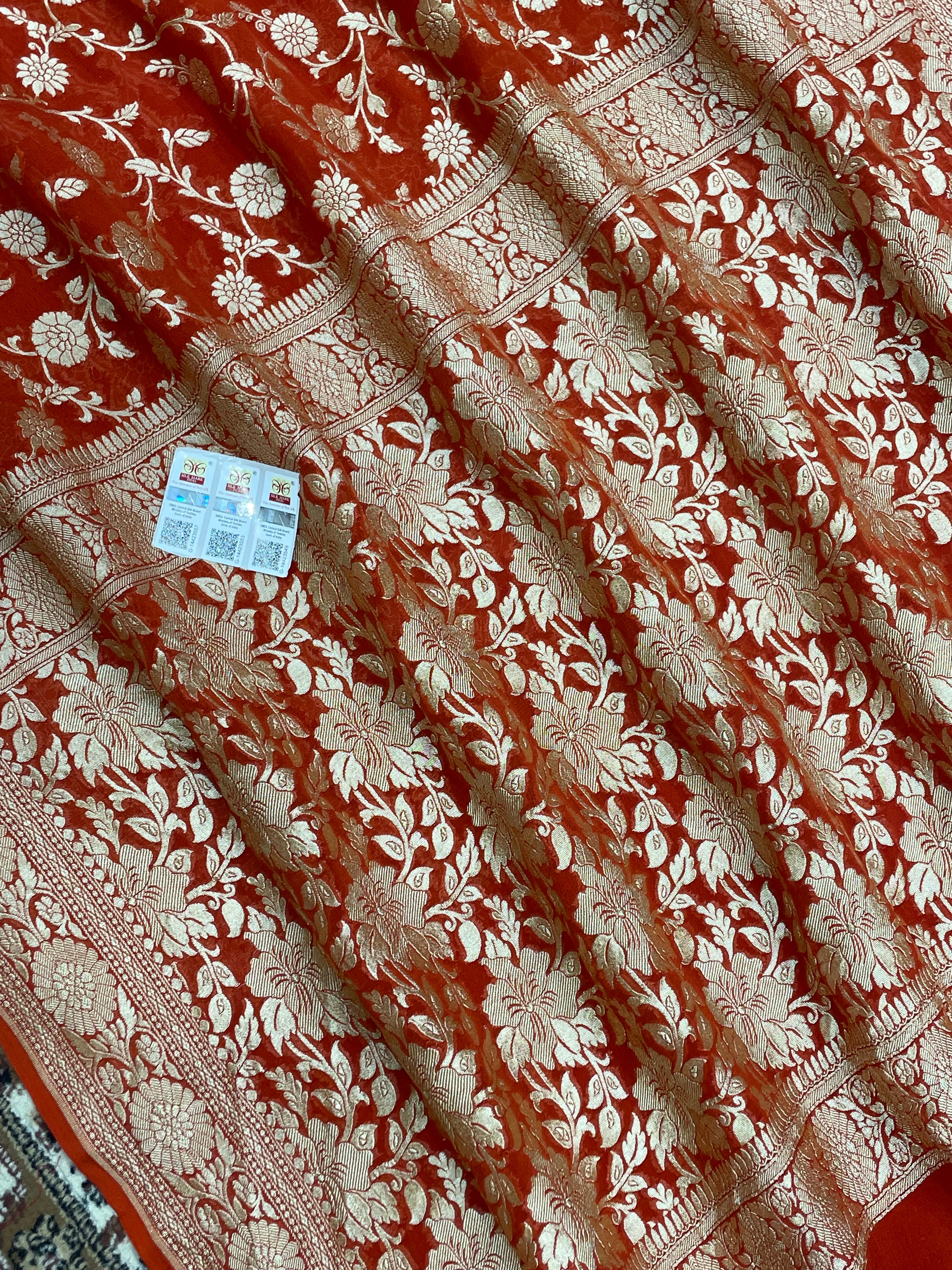 Rust Color Khaddi Georgette banarasi saree - all Over jaal work with Water zari