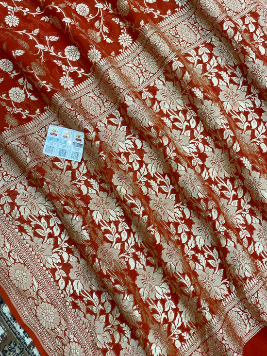 Rust Color Khaddi Georgette banarasi saree - all Over jaal work with Water zari