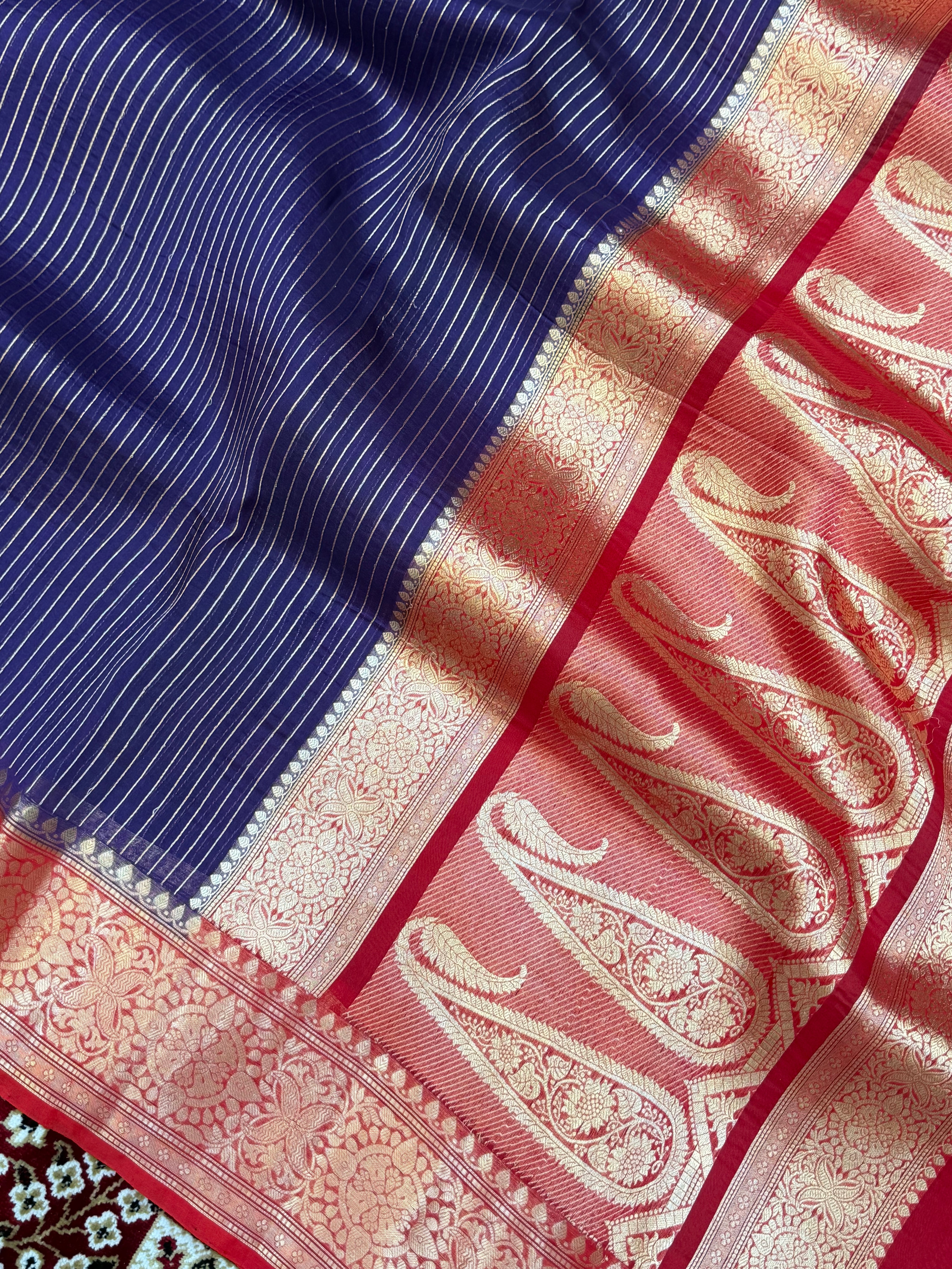 Navy Blue Color Pure Organza Handloom Banarasi Saree - All Over Stripe Design