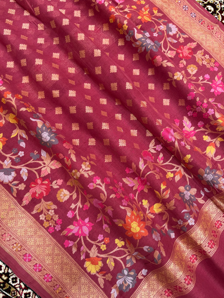 Rani Color Cotton Silk Jamdani Banarasi Saree - All Over Jaal Work