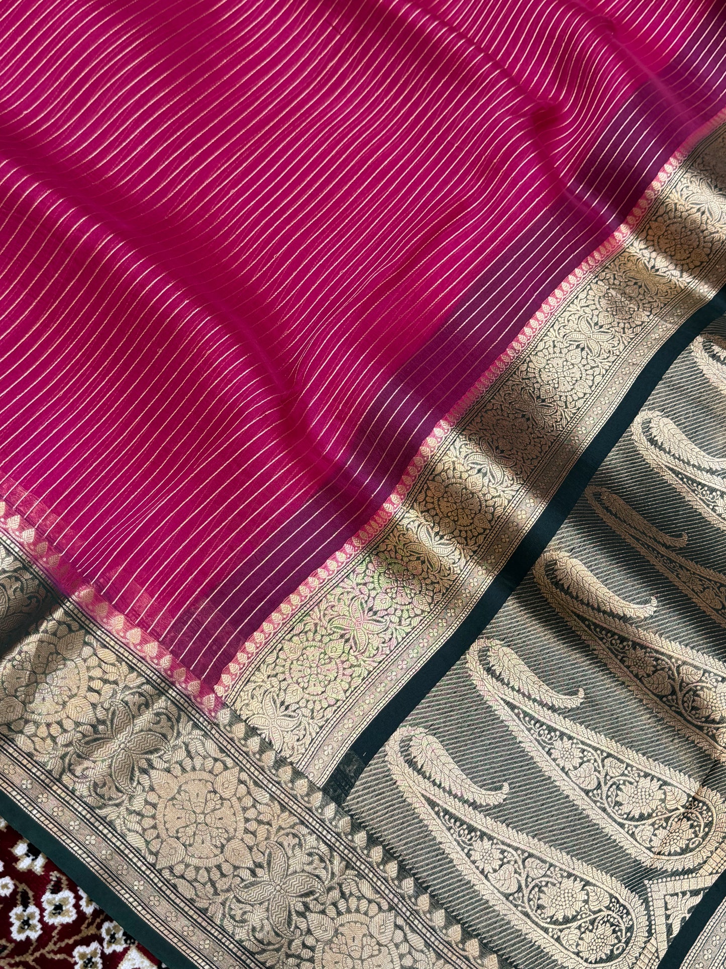 Rani Color Pure Organza Handloom Banarasi Saree - All Over Stripe Design