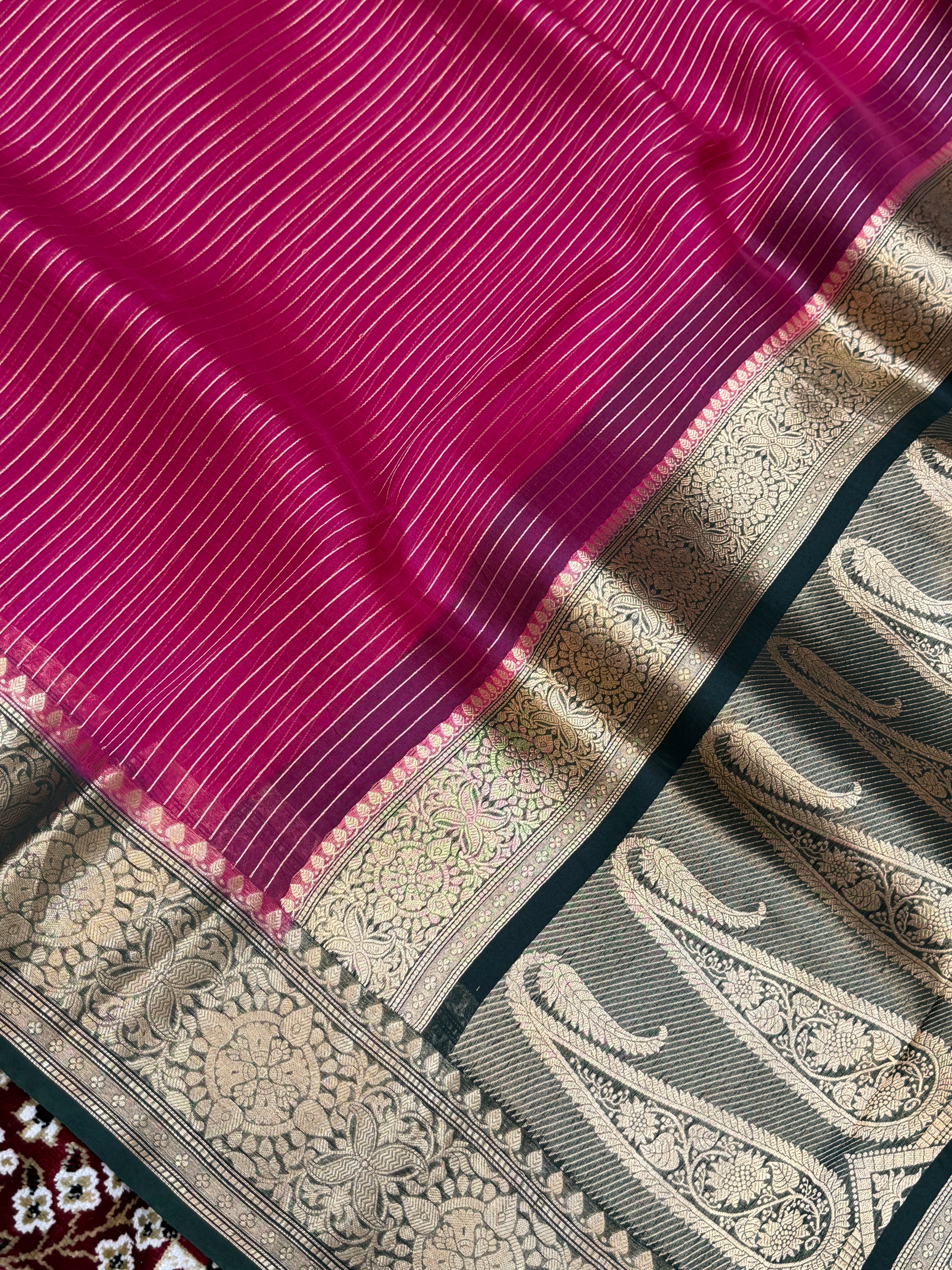 Rani Color Pure Organza Handloom Banarasi Saree - All Over Stripe Design