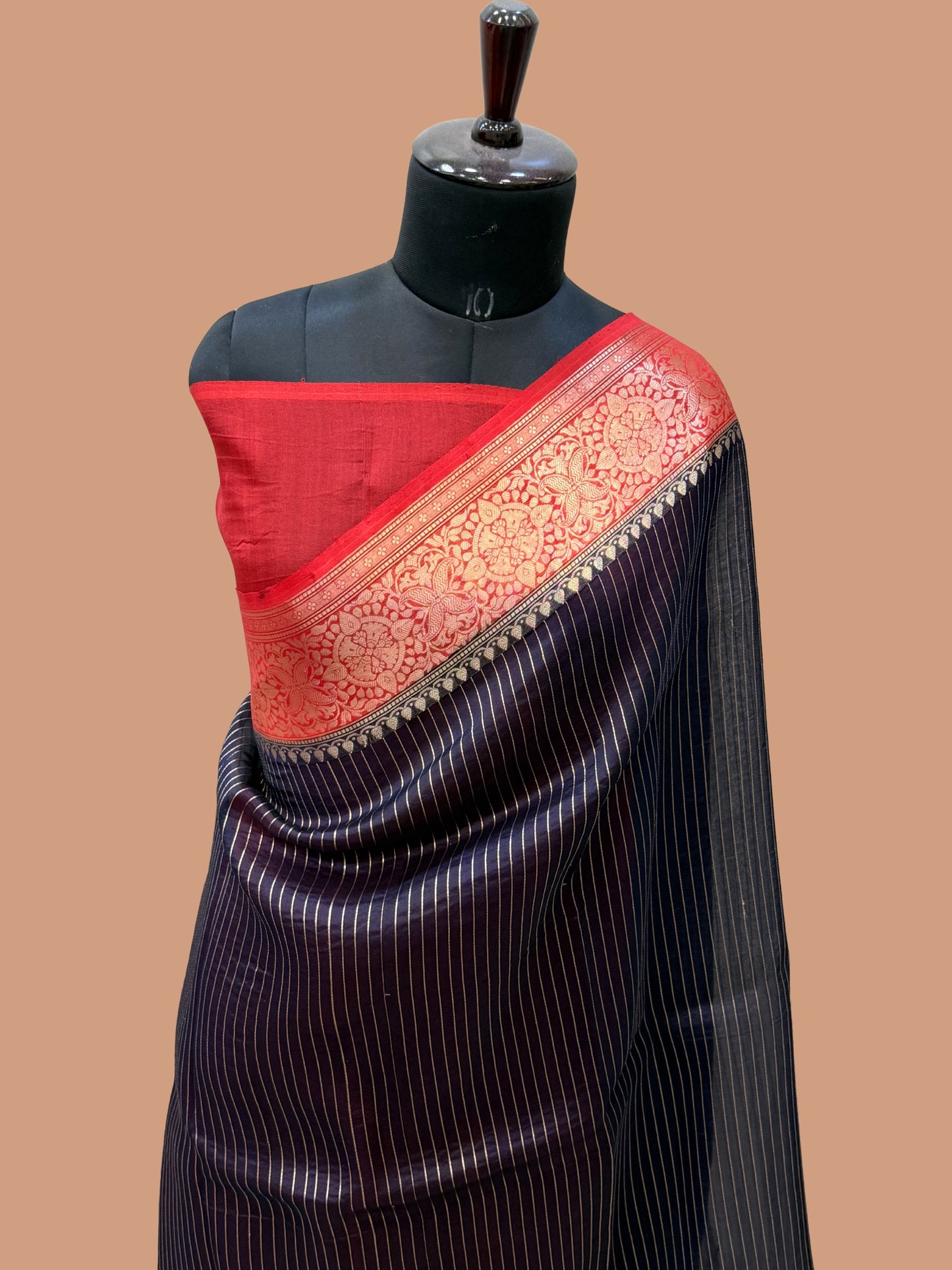 Navy Blue Color Pure Organza Handloom Banarasi Saree - All Over Stripe Design