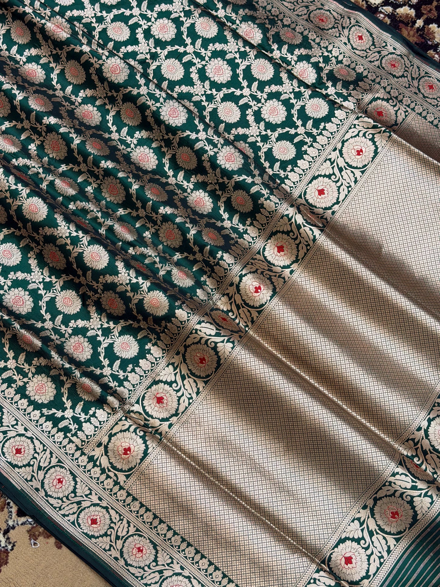 Bottle Green Pure Silk Handloom Banarasi Saree - All Over Jaal Work with Meenakari