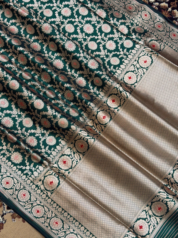 Bottle Green Pure Silk Handloom Banarasi Saree - All Over Jaal Work with Meenakari