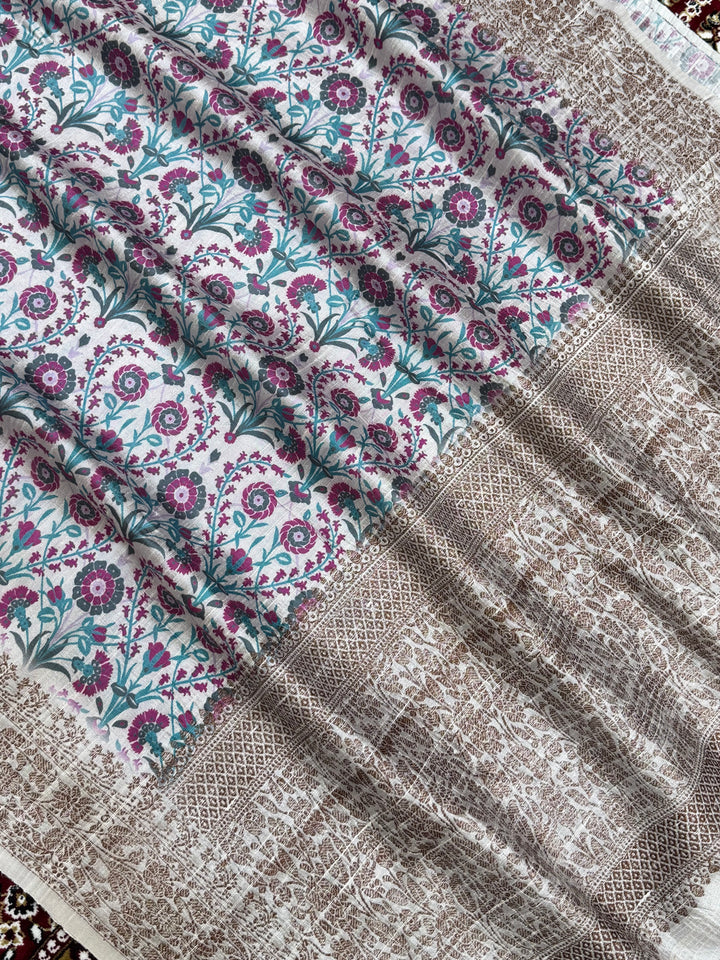 White Color Pure Raw Silk Handloom Banarasi Saree with Digital Print