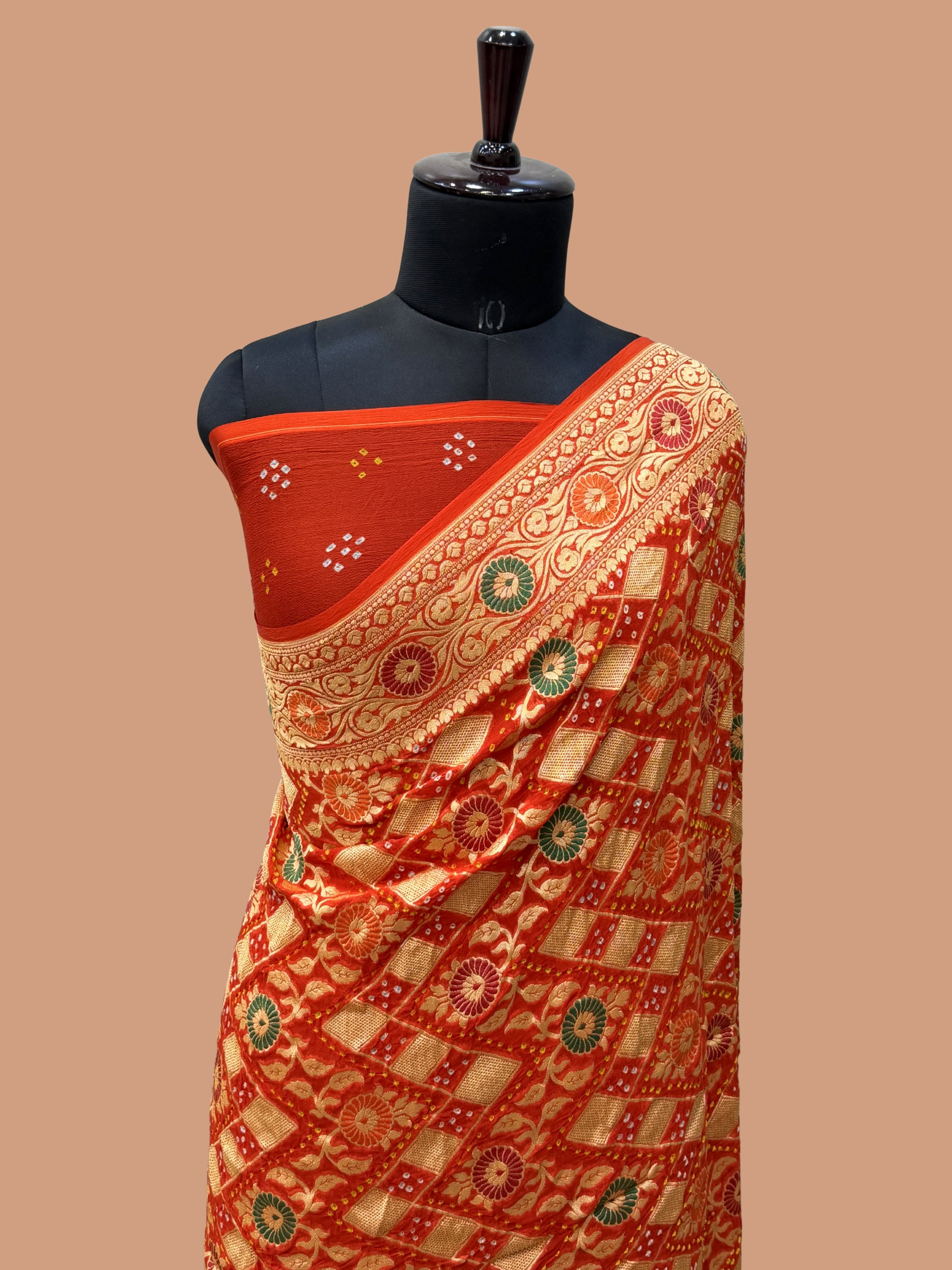Pure Georgette Banarasi Bandhej Handloom Saree - Meenakari