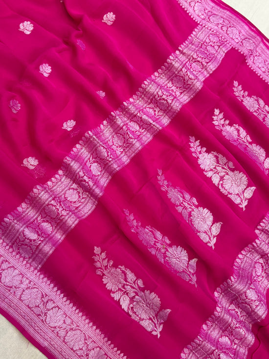 Pure Georgette Handloom Banarasi Saree - Silver Zari