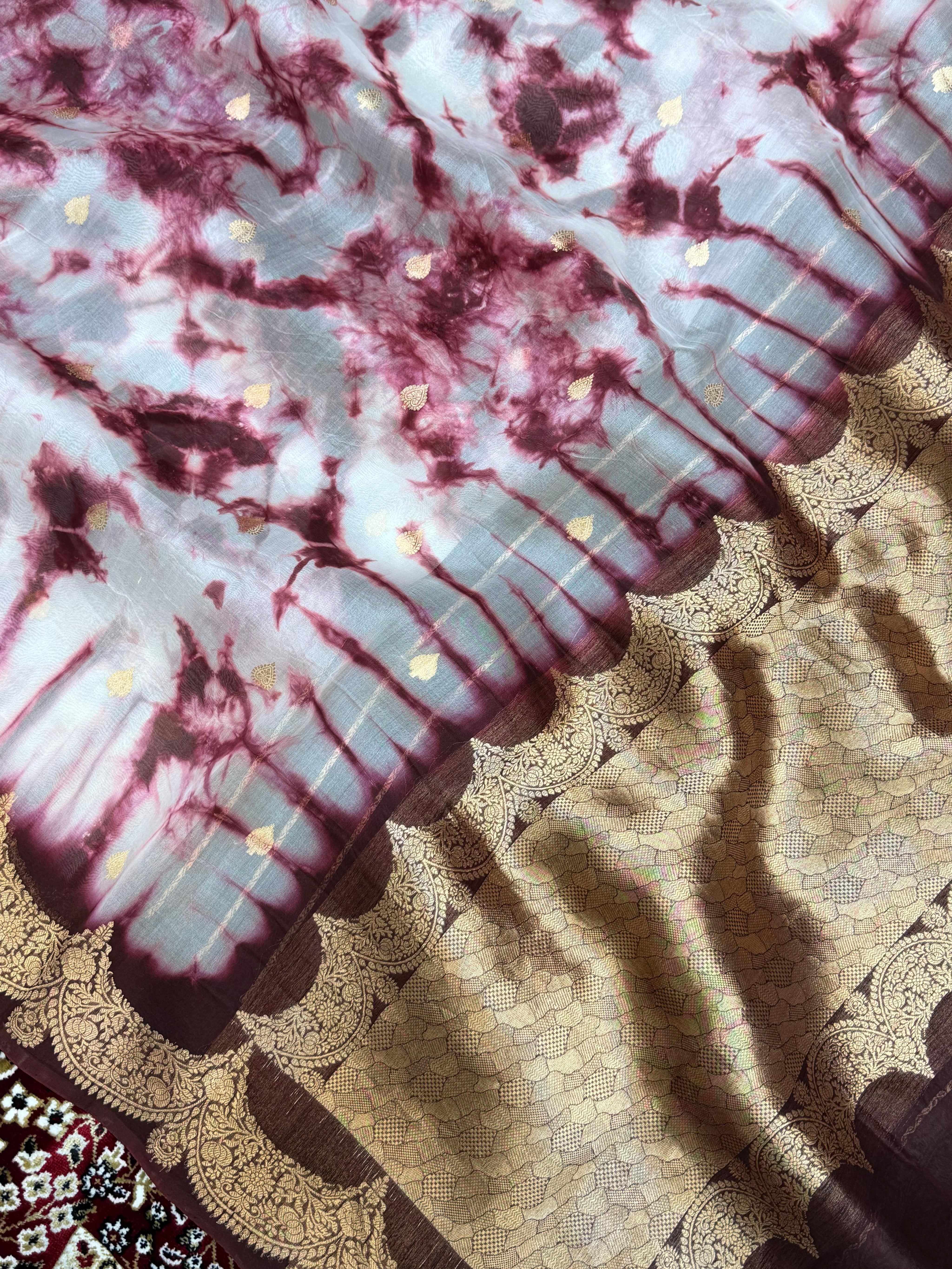 Wine Color Pure Organza Handloom Banarasi Saree with Japanese Shibori Dye