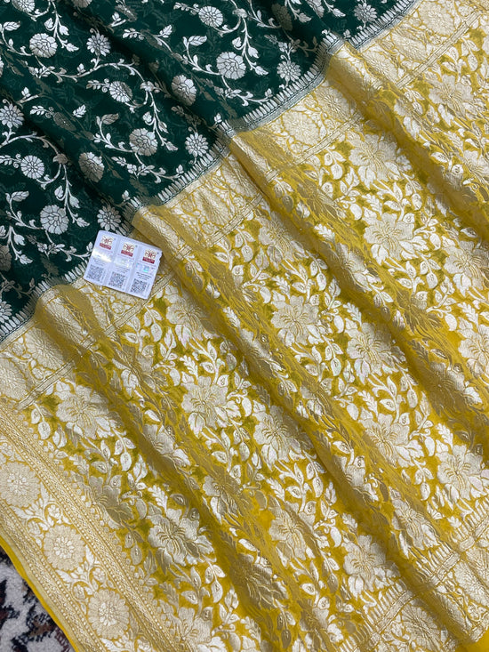 Green Color Khaddi georgete Banarasi Saree - All over Jaal work with Contrast Pallu & Blouse