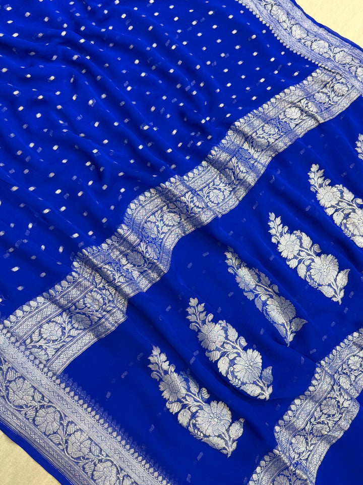 Pure Georgette Handloom Banarasi Saree - Silver Zari