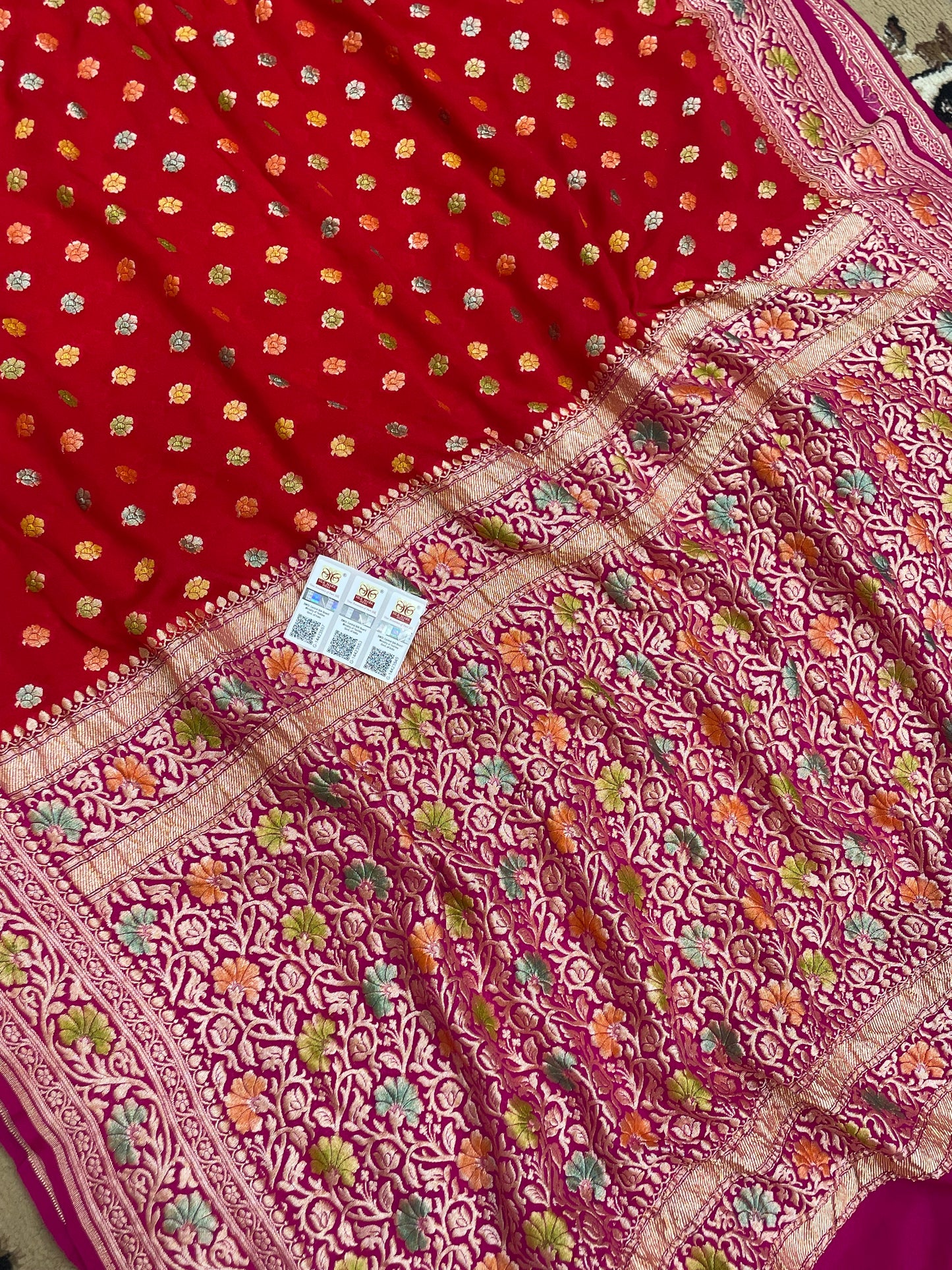 Red Color Khaddi Georgette Banarasi Saree - All Over Buti Work with Meenakari