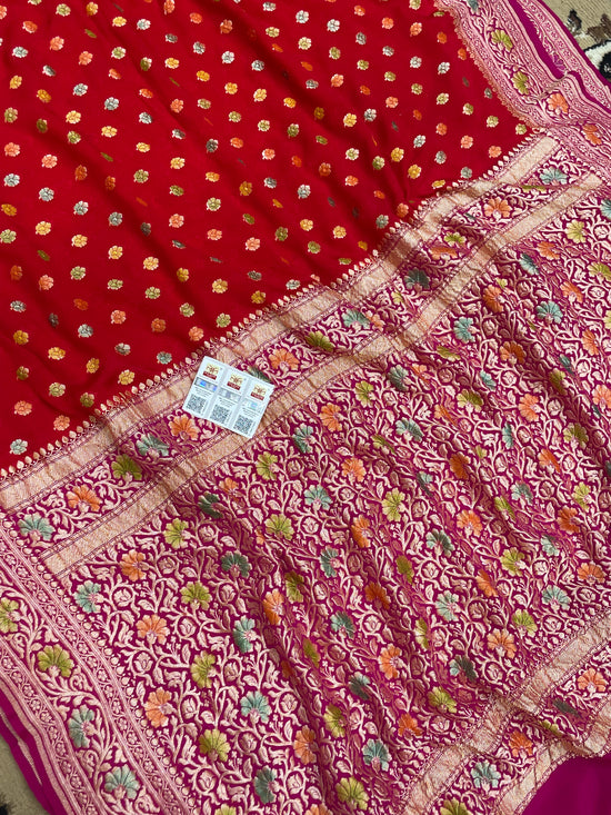 Red Color Khaddi Georgette Banarasi Saree - All Over Buti Work with Meenakari