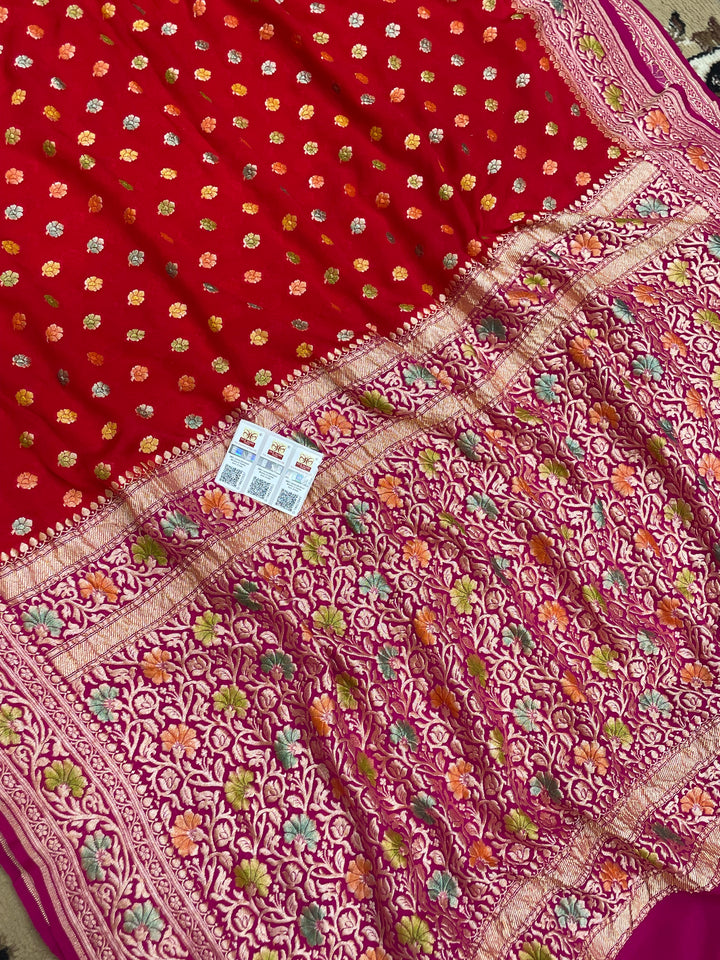 Red Color Khaddi Georgette Banarasi Saree - All Over Buti Work with Meenakari